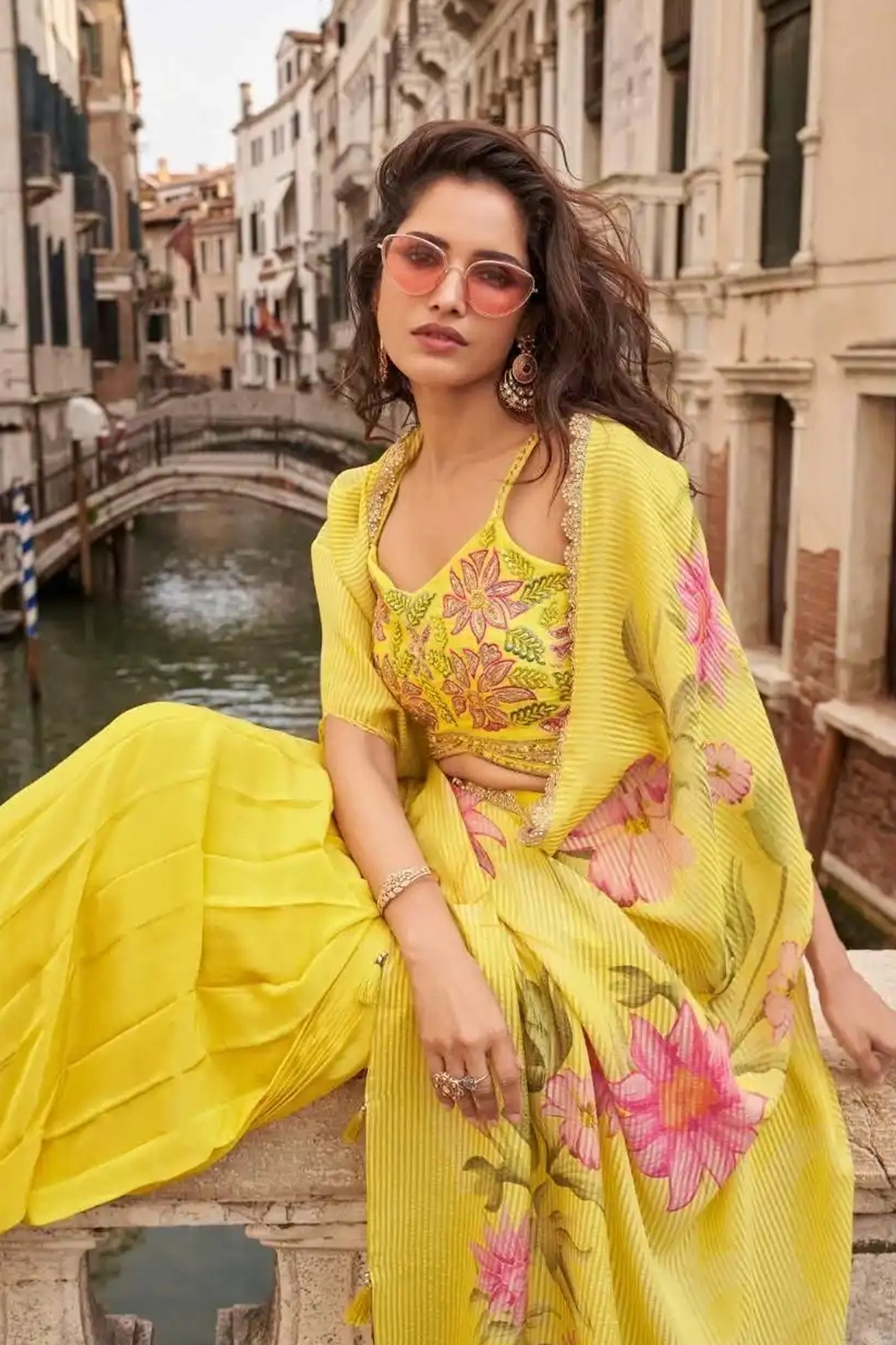 Women’s Yellow Crop Top Palazzo & Shrug Ethnic Suit