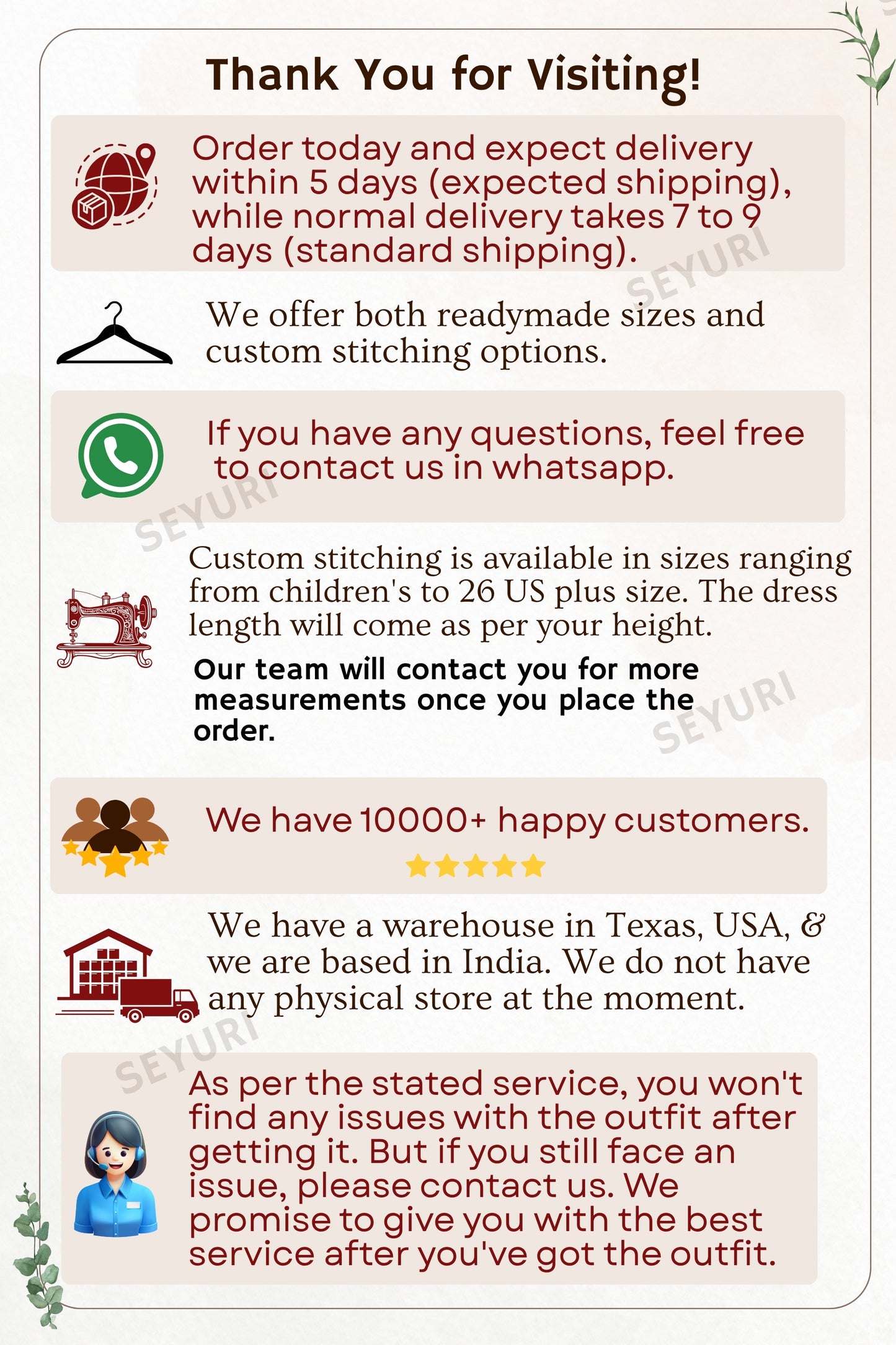 Text message with customer service information and contact details on a white background