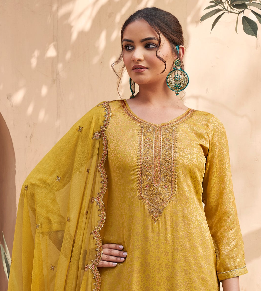 Indian Designer Jacquard Fabric Salwar Suit with elegant detailing for Haldi wear.