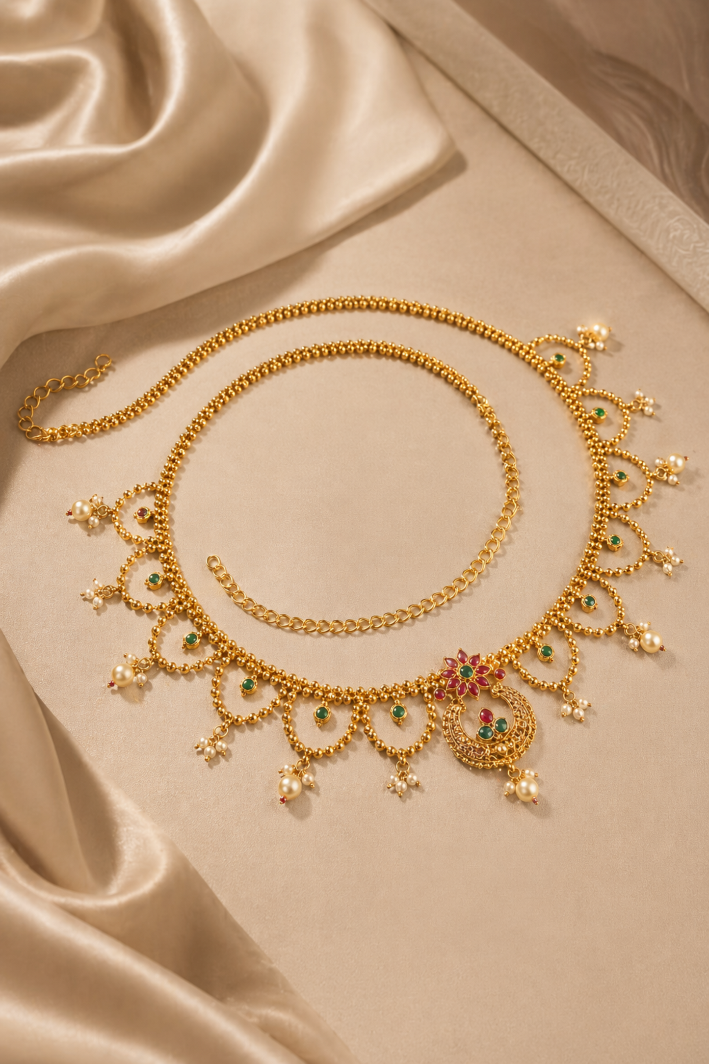 full waist chain laid on soft fabric background