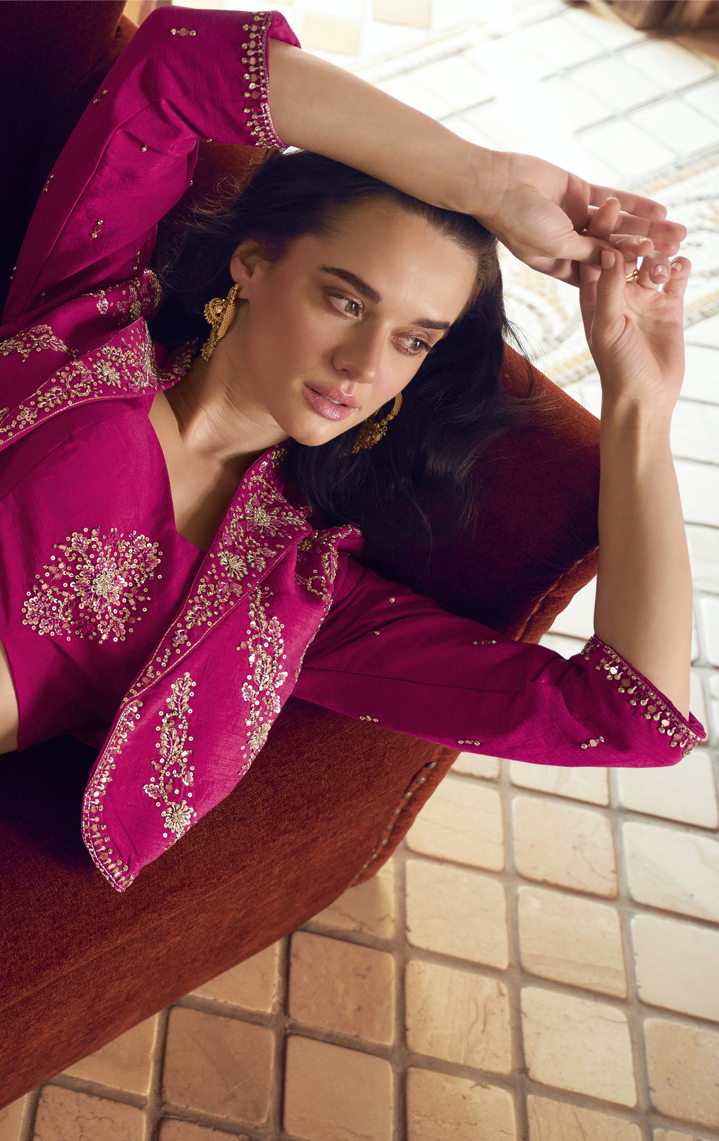 Close-up of Chinon fabric embroidery work on lehenga