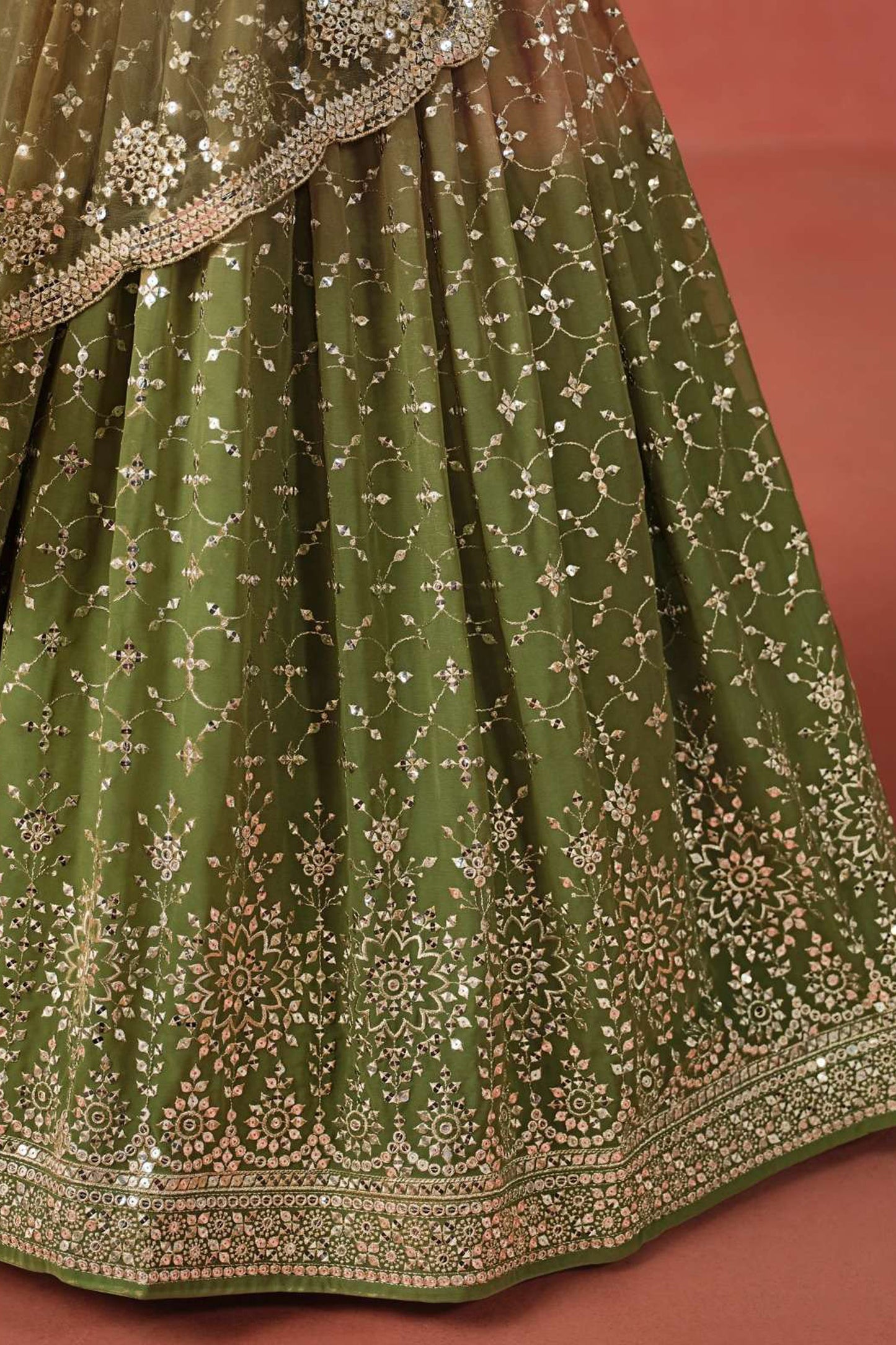Wedding guest look in olive green lehenga choli