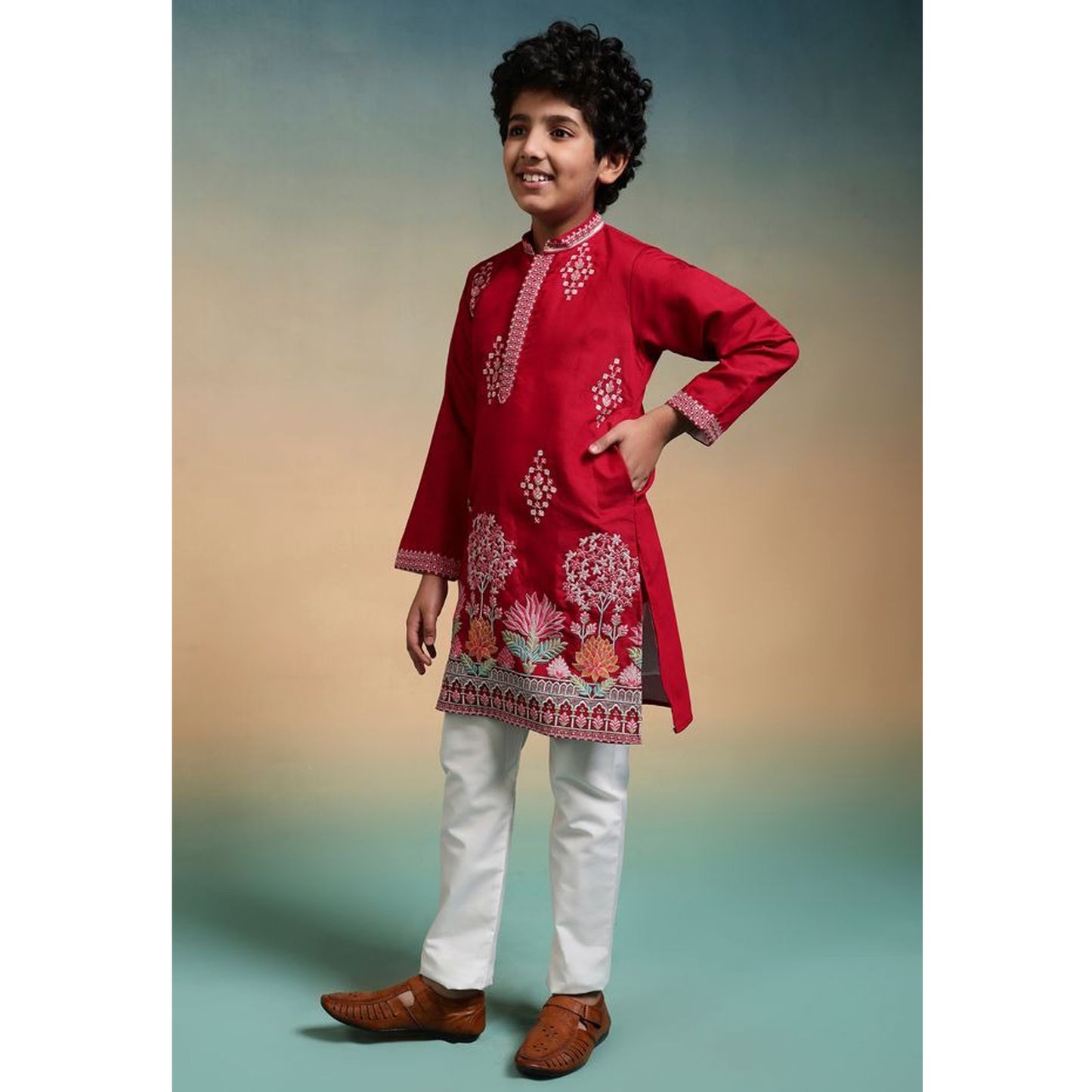 Red kurta pant set suitable for wedding guest attire