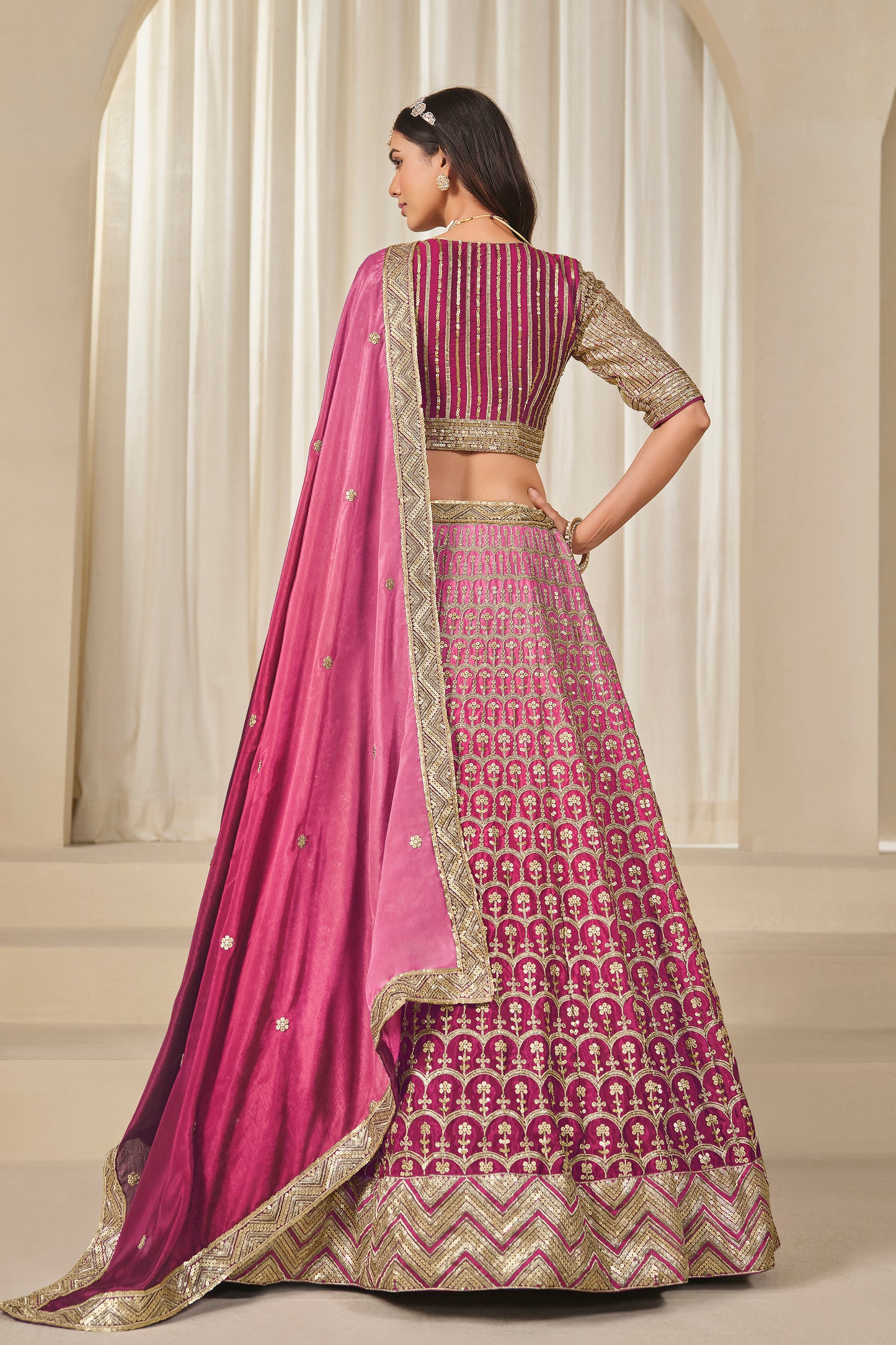 Lehenga choli movement and flow in Chinon silk