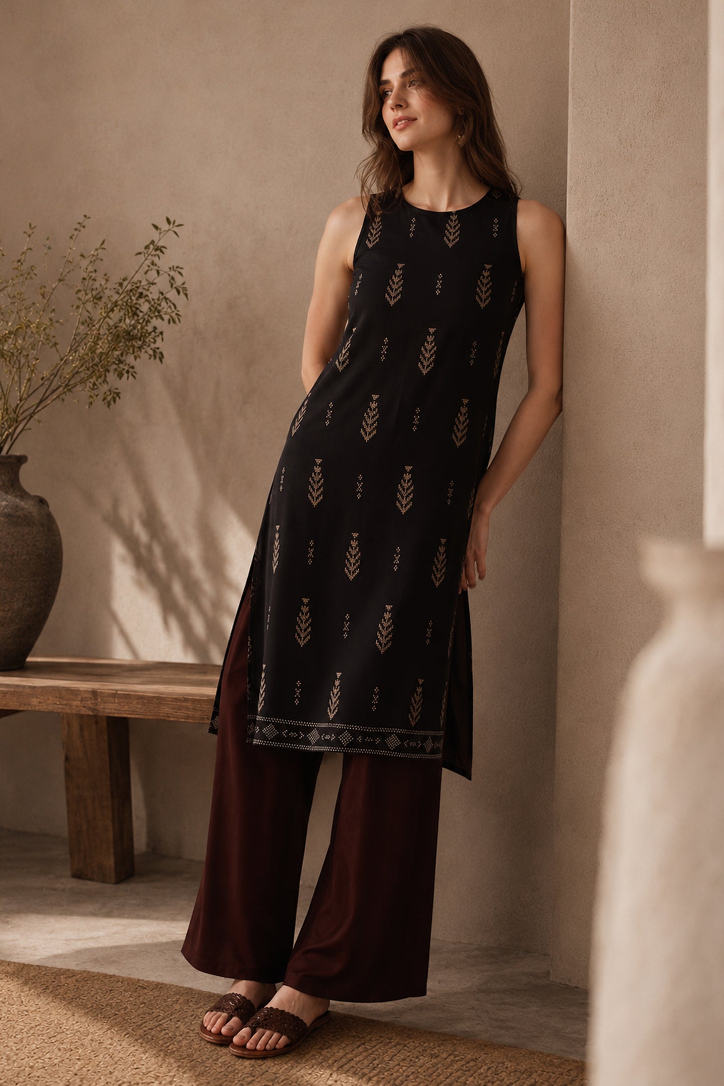 Casual women kurta set styled with flat sandals