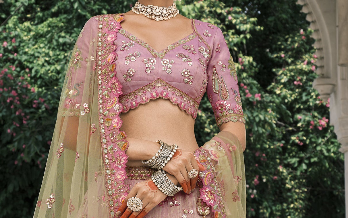 Fancy silk light pink lehenga with zari floral detailing