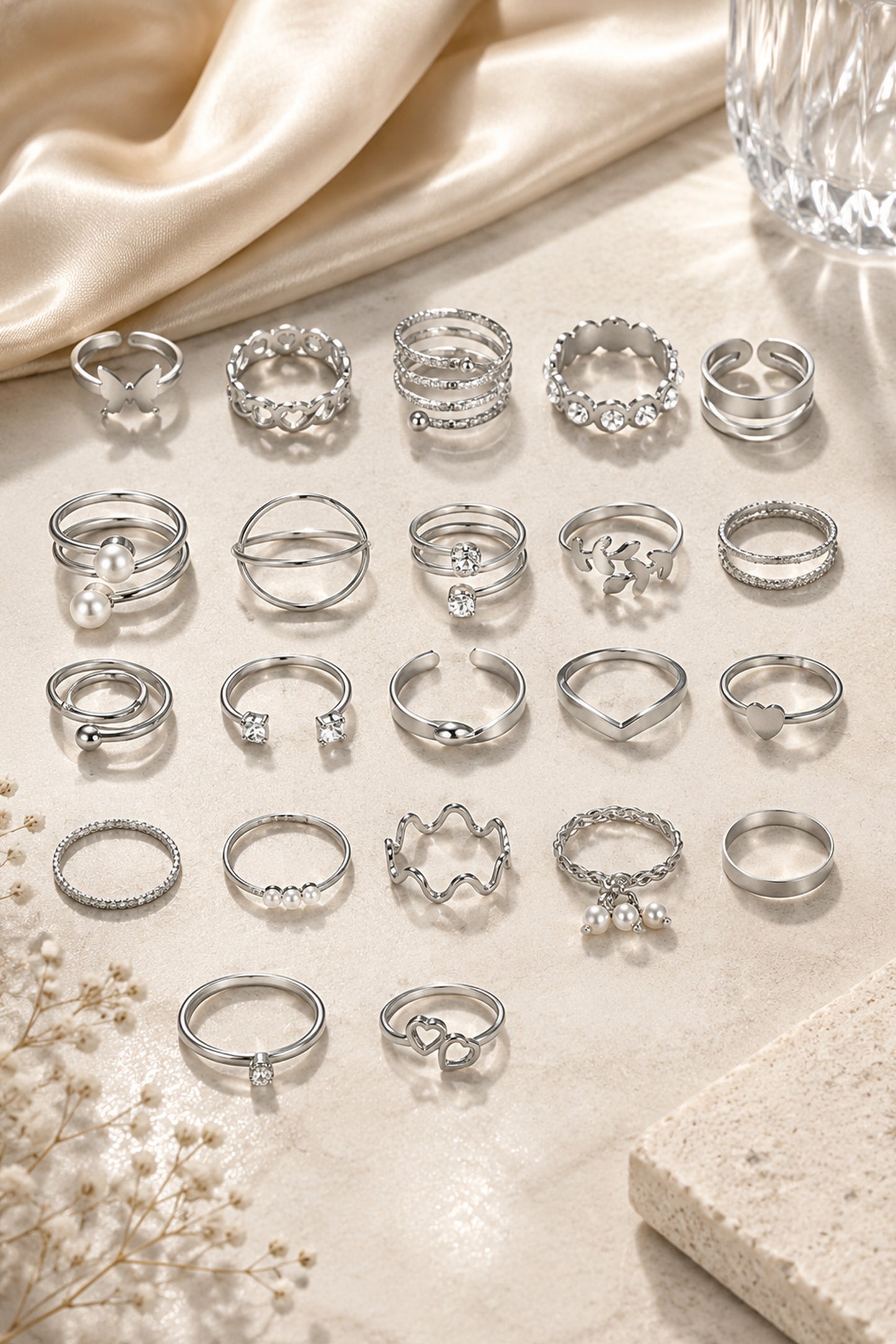 Polished stackable rings with pearl-like accents