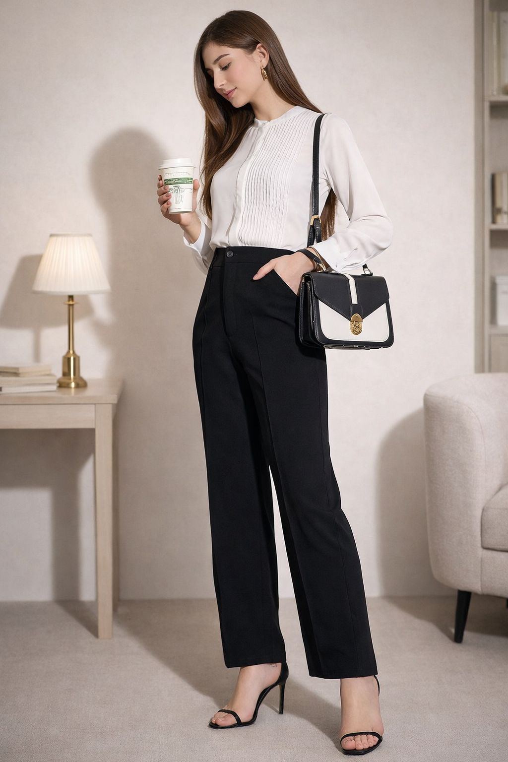 Full length black trouser pants for women outfit view