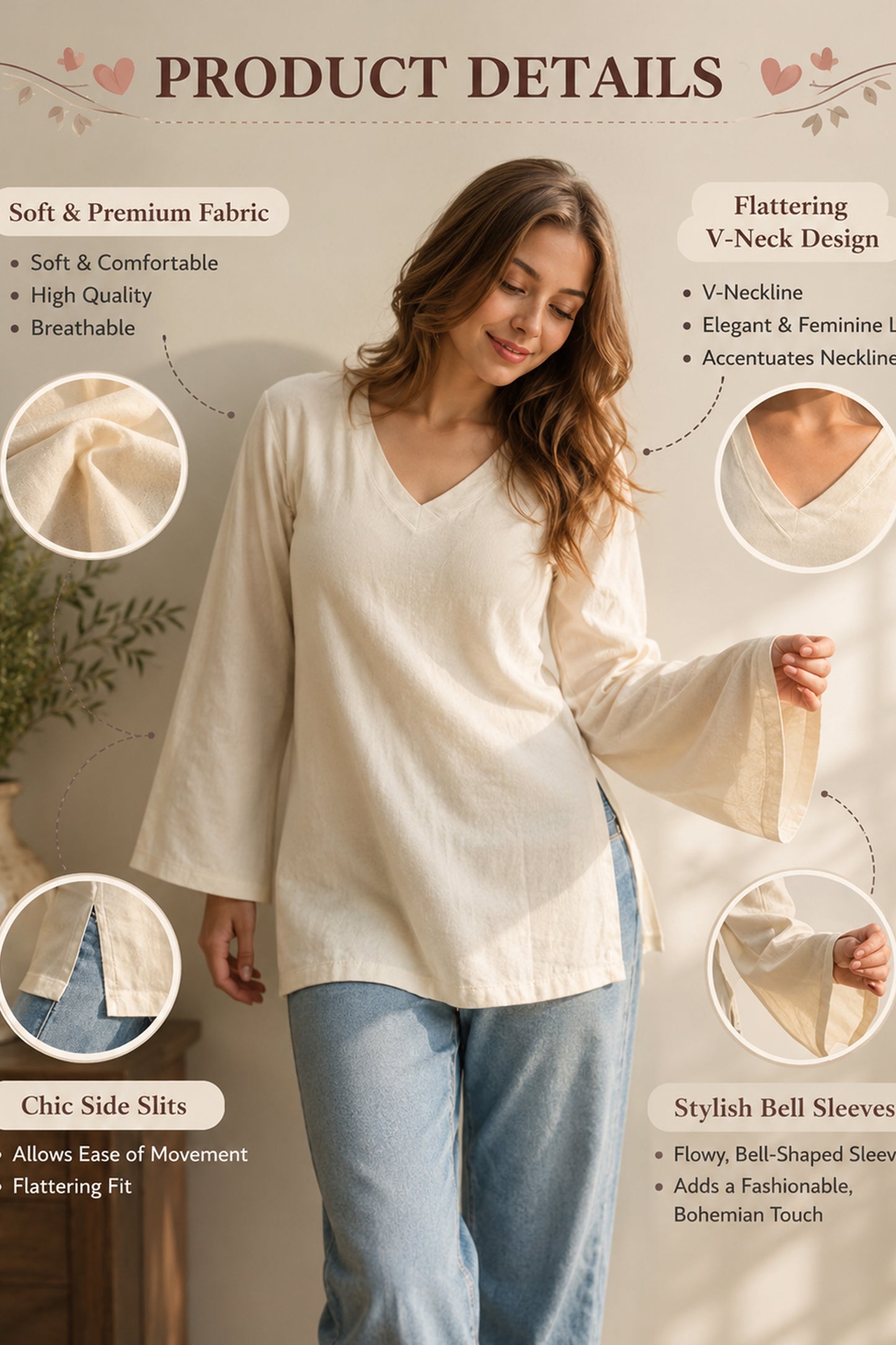Cream cotton blend tunic for regular wear styling