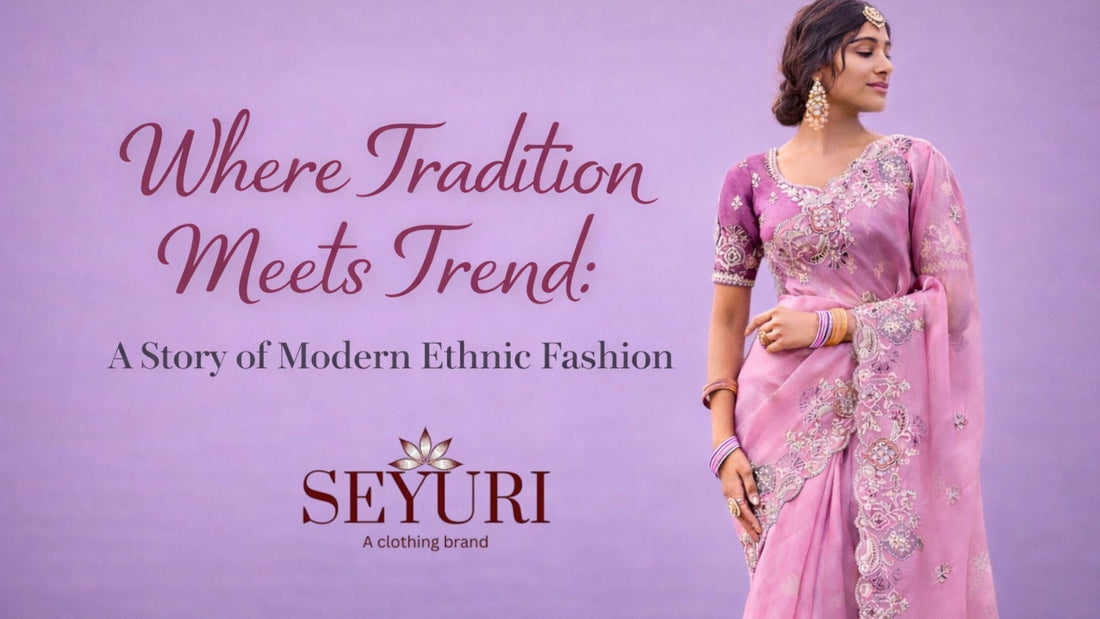 Model wearing a pink embroidered saree representing modern ethnic fashion, with blog title Where Tradition Meets Trend: A Story of Modern Ethnic Fashion.