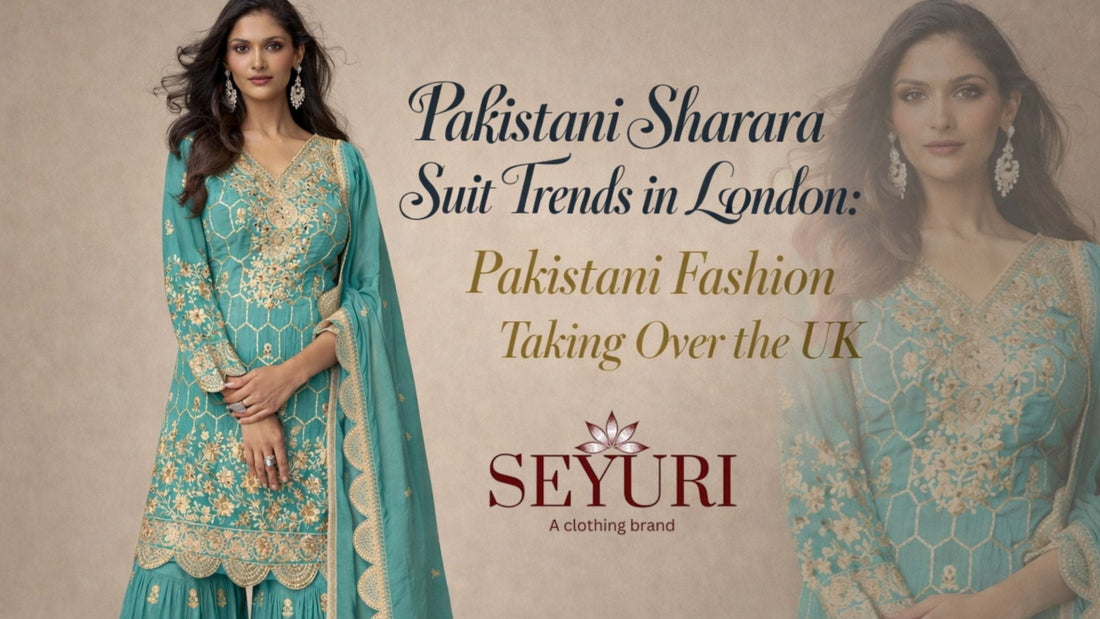 Pakistani sharara suit trend cover image featuring a model in a teal embroidered sharara, showcasing modern Pakistani fashion in the United Kingdom.