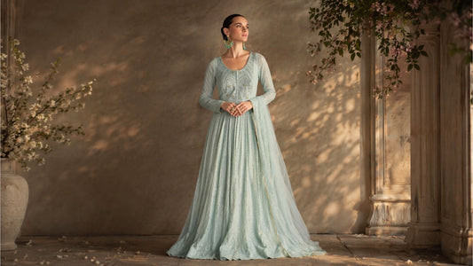 anarkali for wedding guest pastel mint green embroidered long dress