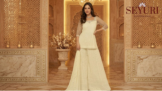 Ivory Pakistani Sharara Suit for Women – Elegant Wedding & Party Wear Ethnic Outfit