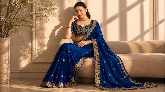 Luxury Sarees for Women in USA featuring royal blue designer saree with elegant gold embroidery and premium styling.