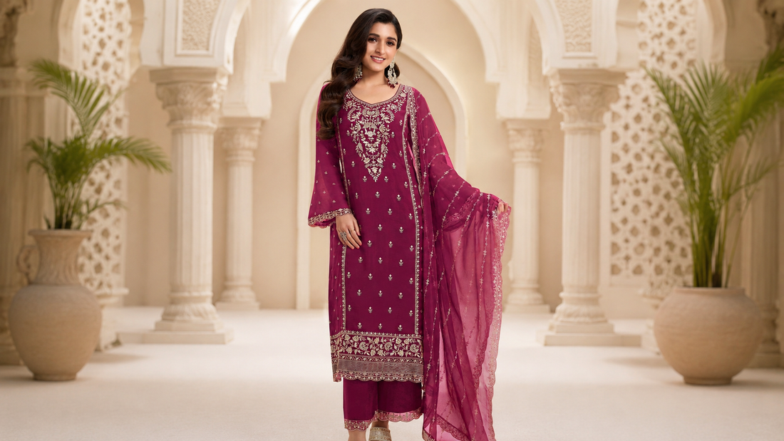Woman in magenta embroidered Pakistani salwar kameez with dupatta.