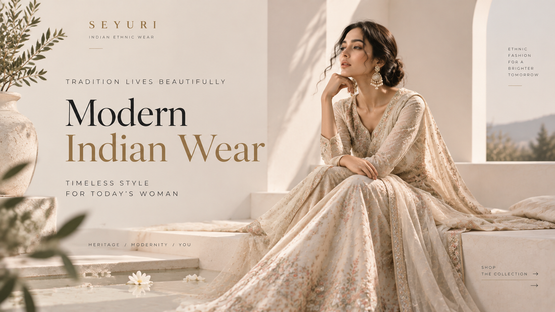 Luxury Indian ethnic wear for women featuring an elegant ivory Anarkali outfit with embroidered dupatta by Seyuri