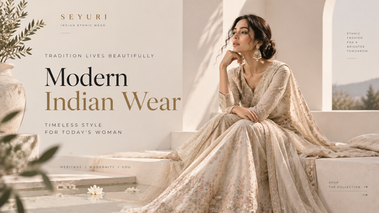 Luxury Indian ethnic wear for women featuring an elegant ivory Anarkali outfit with embroidered dupatta by Seyuri