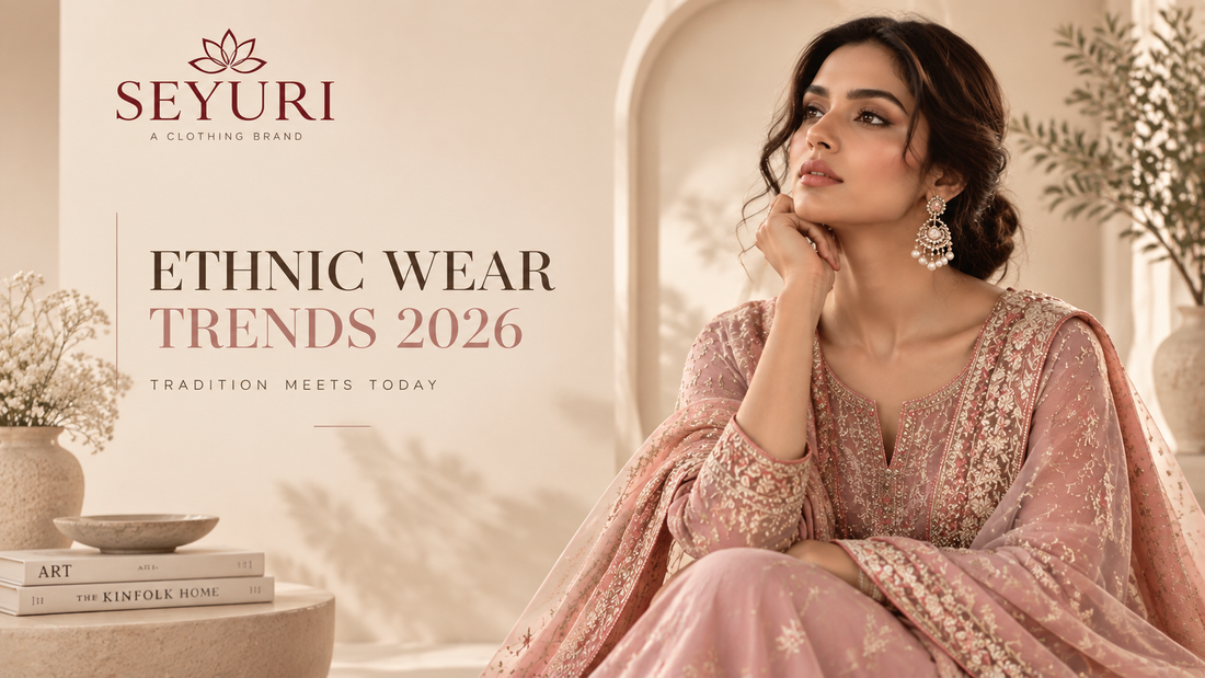 Indian ethnic wear trends 2026 modern fashion guide featuring elegant embroidered Salwar Kameez by Seyuri
