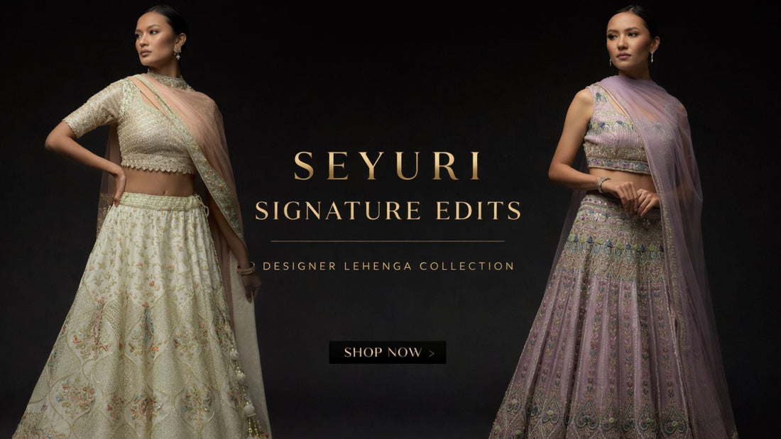 “Seyuri designer lehenga collection banner with pastel embroidered outfits”