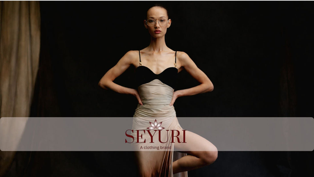 Elegant minimalist dress outfit on model with dark background, luxury fashion look 2026