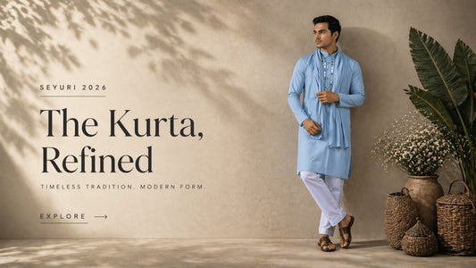 modern blue kurta for men premium ethnic wear Seyuri 2026 collection