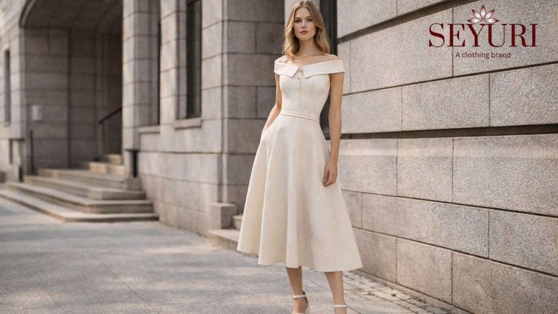 Flattering off-shoulder A-line midi dress in modern street style fashion