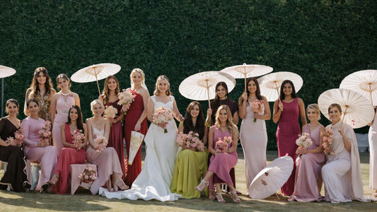 “Group of women wearing elegant Indian wedding guest outfits in the USA with minimal luxury styling”