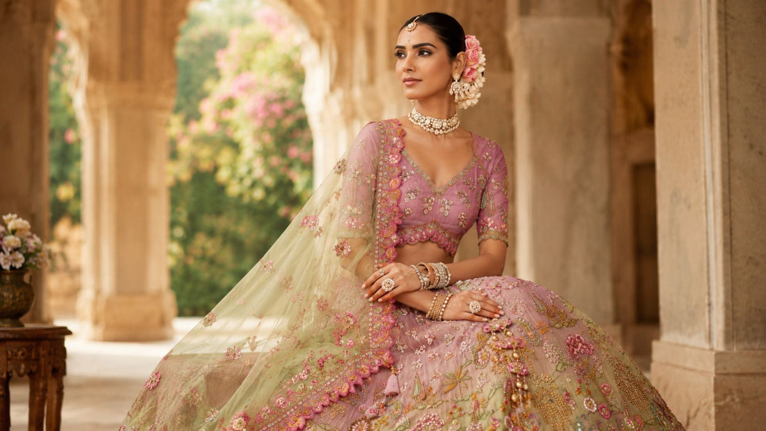 Quite Luxury pastel bridal lehenga with floral embroidery in royal palace setting for Indian wedding fashion blog cover