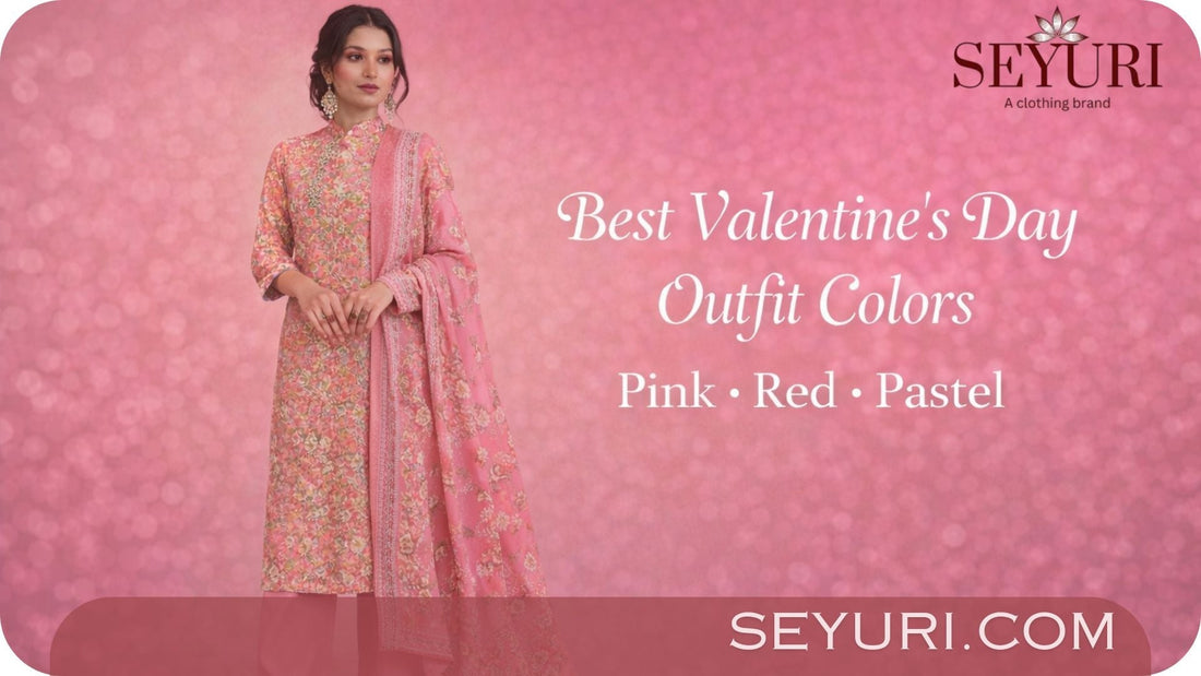 Best Valentine’s Day outfit colors featuring a pink ethnic suit with full-length model in pastel tones