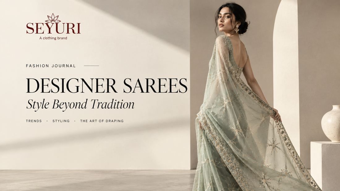 Seyuri designer sarees online fashion editorial featuring a model in a sage green embroidered saree with elegant modern styling.