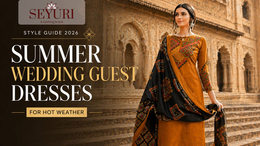 Summer wedding guest outfit for hot weather, lightweight elegant dress in outdoor wedding setting