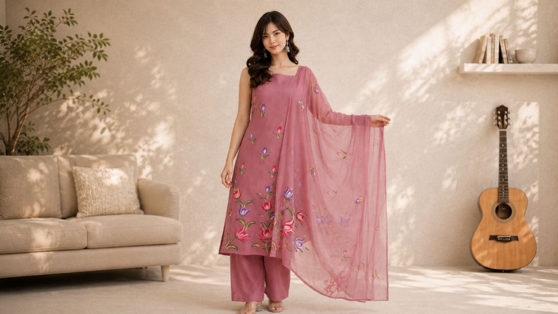Woman in pink floral ethnic suit posing in a soft luxury indoor setting.
