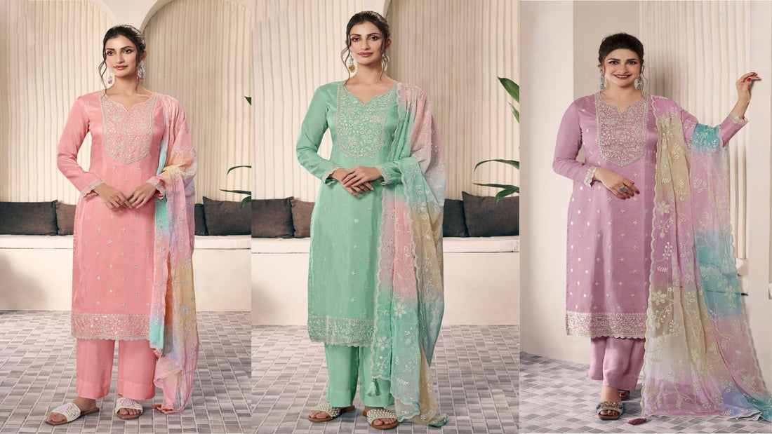 Pink embroidered salwar kameez with pastel dupatta, mint green salwar kameez with multi-shade dupatta, lavender salwar kameez with light pastel embroidered dupatta.