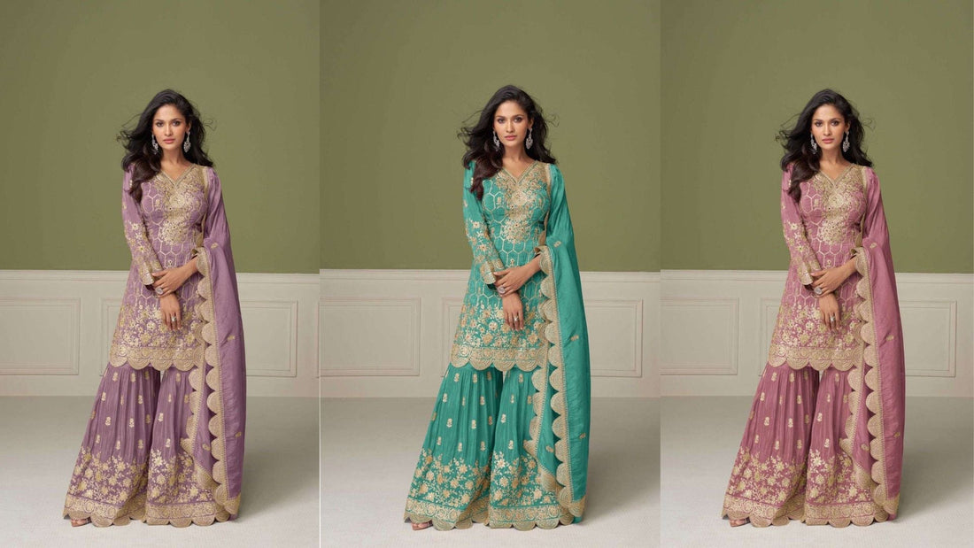Lavender embroidered sharara set with golden work, teal green sharara suit with intricate gold embroidery, mauve-purple sharara outfit with designer detailing.