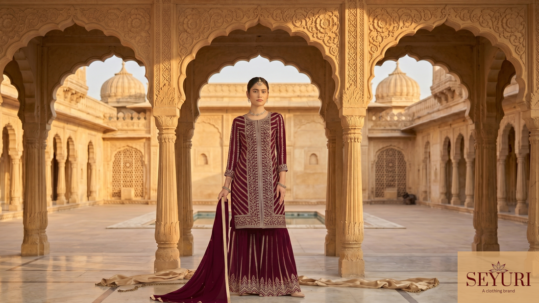 A woman modeling a luxurious maroon Sharara suit with intricate gold embroidery, standing centered under the ornate carved stone arches of a traditional sunlit palace courtyard