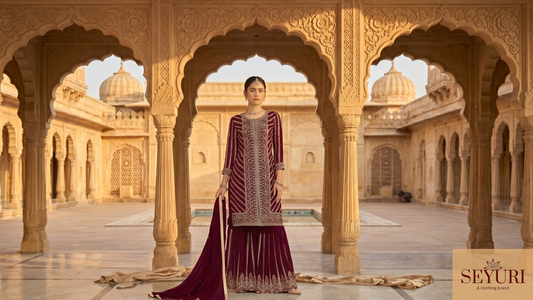 A woman modeling a luxurious maroon Sharara suit with intricate gold embroidery, standing centered under the ornate carved stone arches of a traditional sunlit palace courtyard