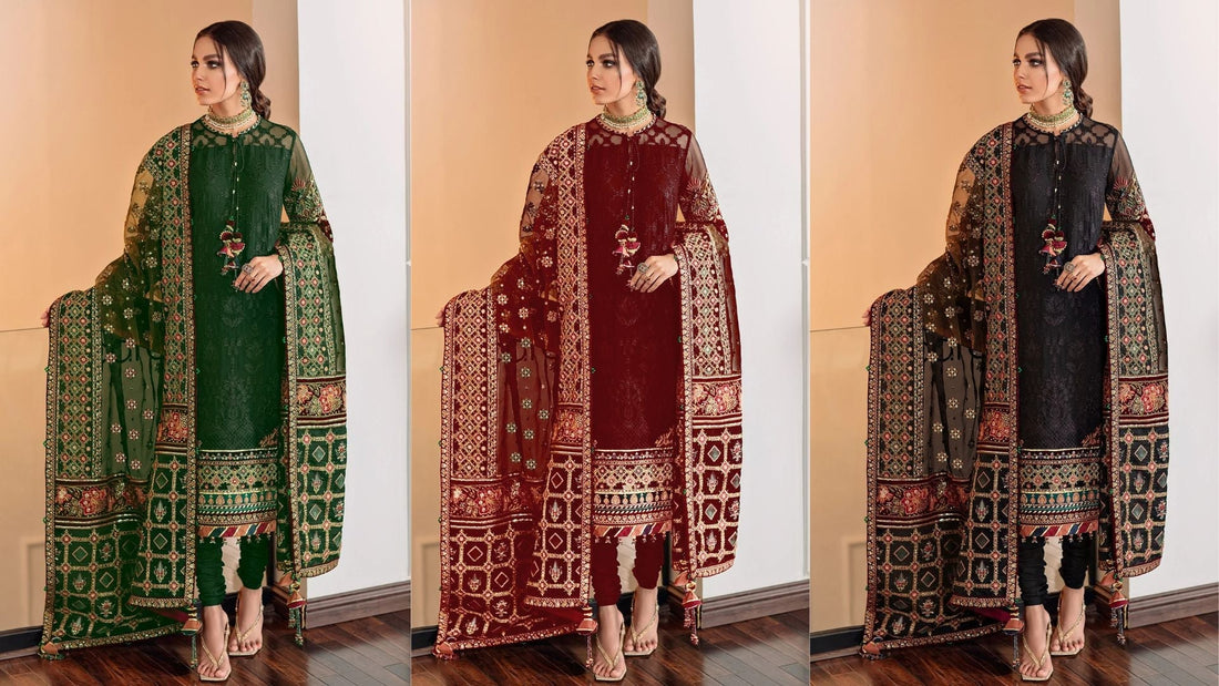 ree elegant women wearing intricately embroidered green, maroon, and black ethnic suits with detailed dupattas, showcasing luxurious festive fashion