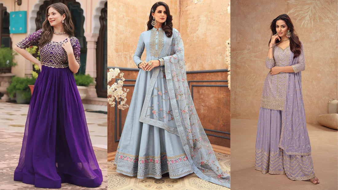 Woman wearing an embroidered teal Anarkali gown with pastel floral detailing, styled for Western fashion trends in 2025