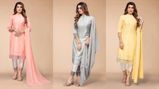 Three models showcase elegant pastel salwar suit sets in peach, grey, and yellow, featuring delicate embroidery, sheer sleeve detailing, and matching dupattas for a refined festive look