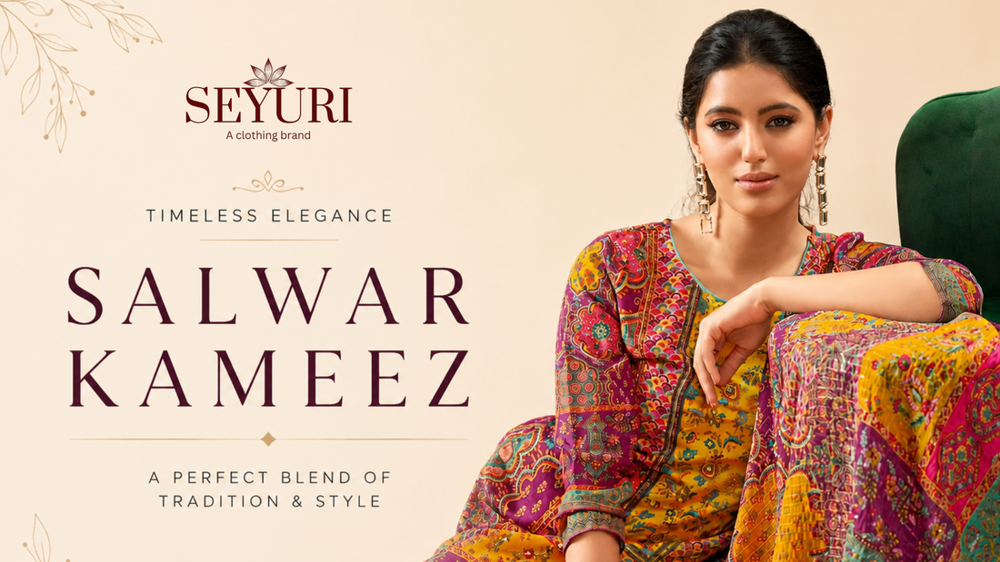 Woman wearing a colorful traditional salwar kameez on a minimalist fashion blog banner with elegant typography.