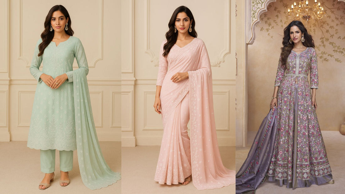 Woman wearing a soft pastel embroidered anarkali gown with floral detailing, perfect for 2025 festive and wedding fashion.