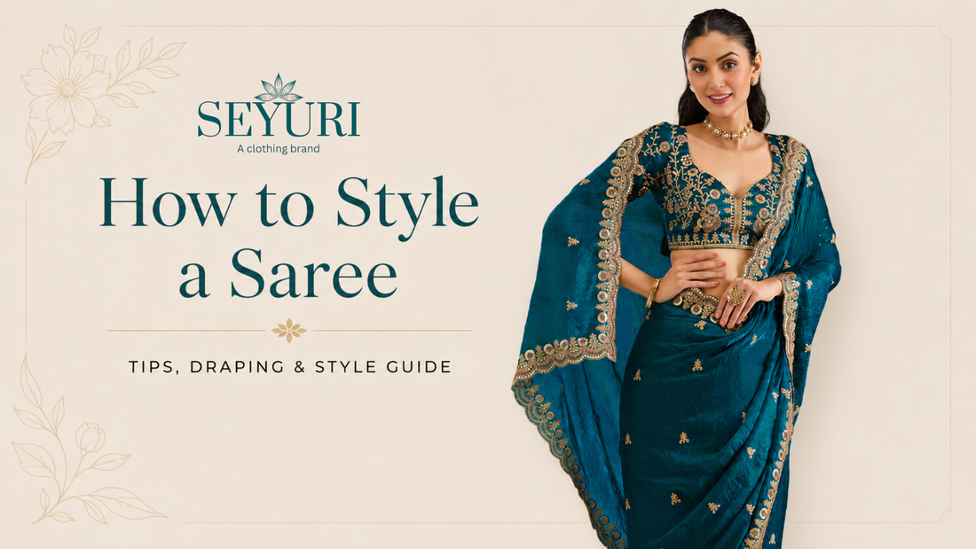 Beginner’s guide to saree lengths: visual comparison of casual, party, wedding, and half sarees with measurements labeled