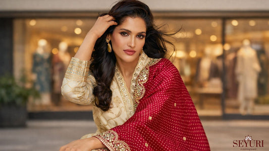 Elegant woman in a white traditional outfit posing in front of a softly blurred modern boutique.