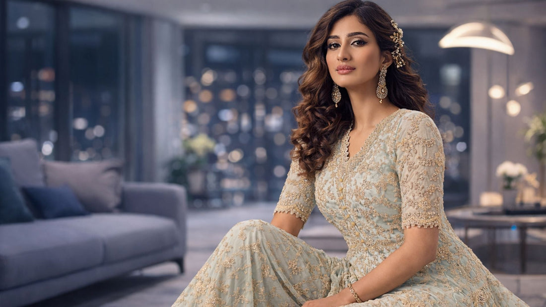 Woman in mint green embroidered Anarkali dress sitting in a modern living room with city lights background.