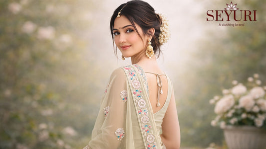 South Asian woman in sage green embroidered saree, body turned right and looking at camera, soft lighting with blurred garden background.