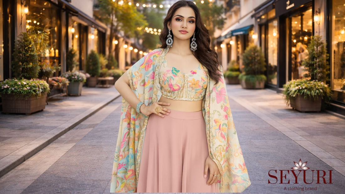 South Asian woman in pastel lehenga posing on a modern, softly lit street with string lights.