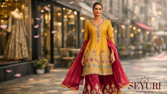 Elegant South Asian woman walking on a stylish city street wearing a mustard embroidered kurta with maroon palazzo pants and a flowing dupatta, in front of luxury fashion boutiques.