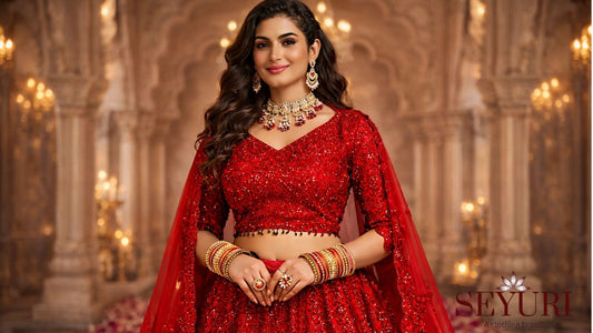 Woman wearing a luxurious red embroidered bridal lehenga with gold jewelry, standing in an elegant palace-style background with warm lighting.