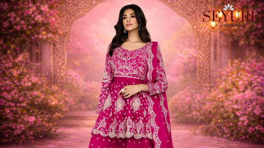 Elegant woman wearing a bright pink embroidered Anarkali suit with intricate silver detailing