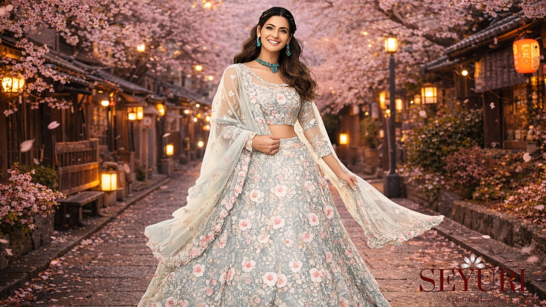 Smiling woman in a pastel floral lehenga walking along a traditional Japanese street lined with glowing lanterns and cherry blossoms in full bloom.